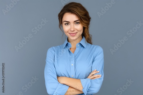 Happy young smiling confident professional business woman wearing blue shirt, pretty stylish female executive looking at camera, standing arms crossed isolated at gray background, Generative AI