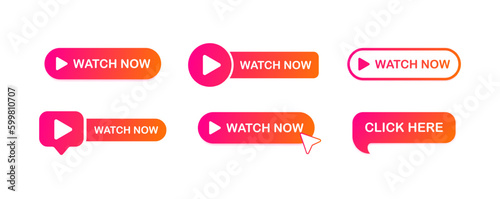 Watch now. Flat, color, watch now button. Vector icons.