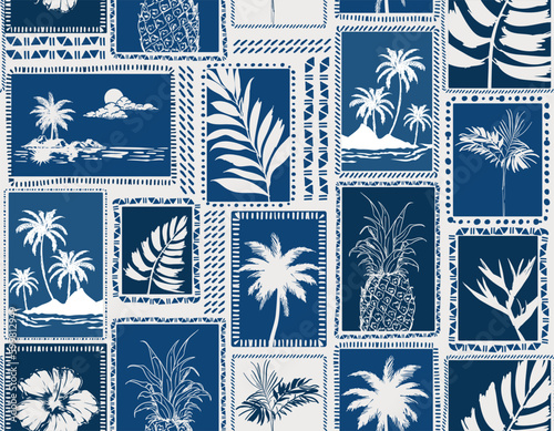 Retro Monotone Blue Tropical palm trees silhouettes , Island , Leaves , flower repeat in retro style.