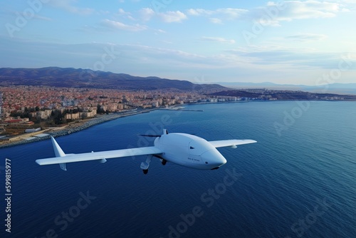 Battle kamikaze drone flying in the sky. Russia-Ukraine war in 2022. unmanned combat aerial vehicle controlled by a ground control station in modern warfare. AI-generated