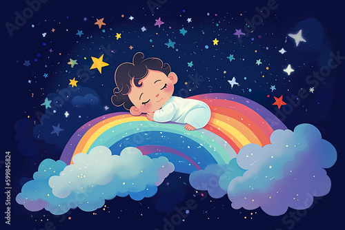 Drawing of a baby sleeping among the clouds. Generative AI.
