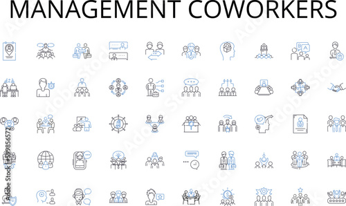 Management coworkers line icons collection. Diplomacy, Agreements, Tariffs, Imports, Exports, Investment, Sanctions vector and linear illustration. Negotiation,Trade war,Partnerships outline signs set