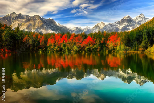Emerald lakes and mountains in early autumn created with generative AI technology