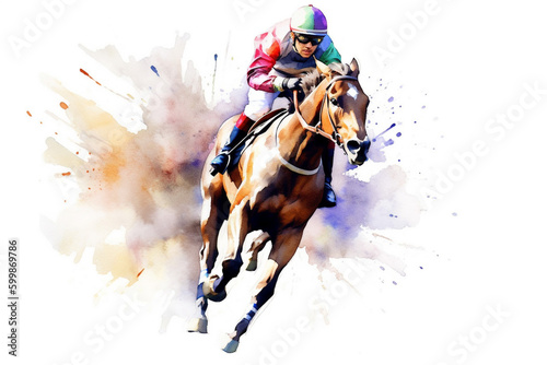Watercolor illustration of a jockey riding at a gallop on a brown mare, isolated on white background.