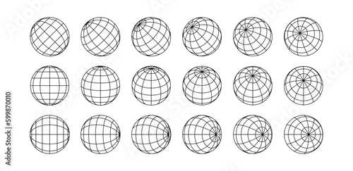 3D spheres grids. Globe meshes, ball in various position. Striped 3D orbs, earth globe grid linear wireframe vector line symbol isolated set