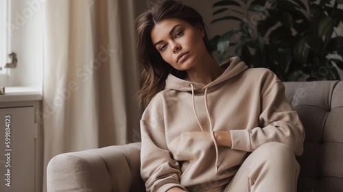 Relaxed Woman in Neutral Loungewear Posing Against Cozy Interior. Generative AI.