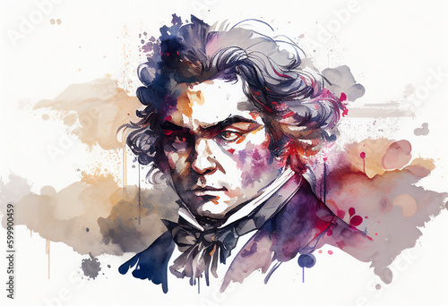 Ludwig van Beethoven watercolour painting of the famous German classical music pianist and musical opera composer, computer Generative AI stock illustration