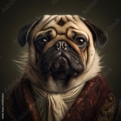 Headshot portrait of a majestic powerful pug dog