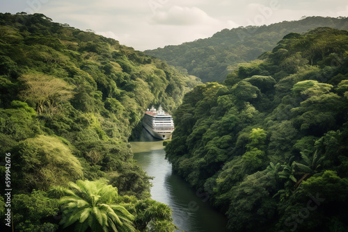 Cruise ship navigating through the Panama Canal with lush rainforest. Generative AI
