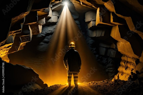 Mines rescue in underground cave. Rescuers control mining safety, generative ai