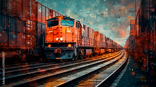 Cargo train on a background of analytics data represents the transportation and logistics industries, highlighting the role of railway transportation in these fields. 