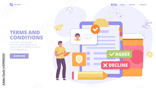 User agreement, terms and conditions, online contract, corporative rules, privacy policy. Design concept for landing page. Flat vector illustration with characters for website, print, banner.