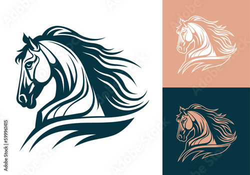 Vector silhouette of a horse head logo template design line art illustration isolated on white and dark backgrounds. Dynamic stallion head brand identity logotype design.