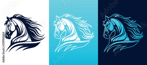 Horse head mascot side view vector art image business company logo template, brand identity logotype on white and dark backgrounds.