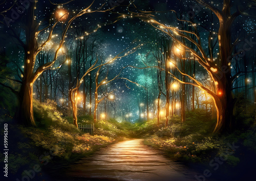 A path that leads to a separate world in the depths of the forest. Wonderful environment for fairy tale illustrations and even wallpaper.Magic fairytale forest with fireflies lights.AI generated illus