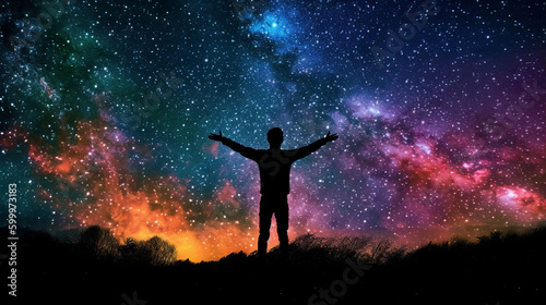 Illustration silhouette of a young man with arms outstretched against an epic starry night sky background. A.I. generated. 