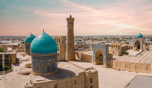 Buhara, Uzbekistan Aerial view of Mir-i-Arab Madrasa Kalyan minaret and Poi Kalyan Mosque.