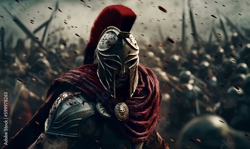 dark epic of spartan warrior in the battle, battle action, dynamic battle scene. generative AI