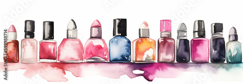Watercolor Illustration of nail polish bottles white background Generative AI