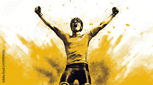 Illustration of a male cyclist in a yellow jersey raising his arms in victory. This image was created using AI generative technology.