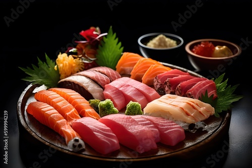 sushi sashimi with salmon, tuna, yellowtail, wasabi, soy sauce, Japanese style, Generative AI