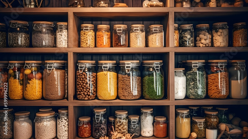 Rustic Pantry Essentials (Generative AI): A Post-Minimalist Collection Featuring Glass, Rice, Nuts and Beans