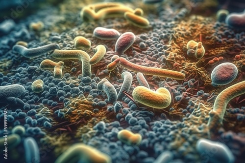 Probiotics Bacteria . Biology, Science Microscopic medicine. Digestion stomach escherichia coli, treatment, Health care medication, anatomy organism. Generative AI