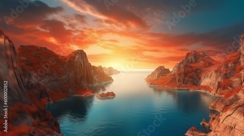 An artist's rendering of a beautiful sunset over a serene mountain lake. Generative ai