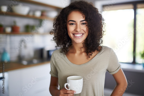 young adult woman at home in the kitchen with a cup in hand, coffee or tea, smiling happy relaxed, joyful wellbeing in free time, kitchen window with daylight. Generative AI