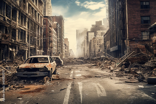 Post apocalyptic city background. Destroyed buildings, cracked road Generative AI