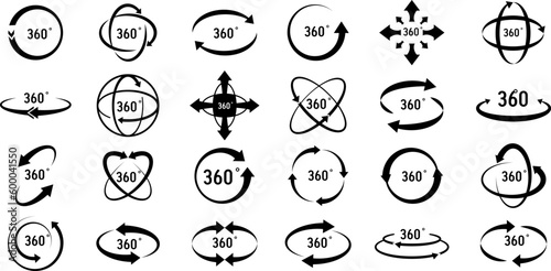 360 degree views of vector circle icons set isolated from the background. Signs with arrows to indicate the rotation or panoramas to 360 degrees. Vector illustration
