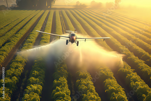 Airplanes spraying pesticides on farms. AI technology generated image