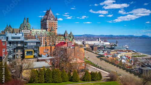 Quebec City skyline, architecture, buildings, view of Frontenac Castle or Fairmont Le Chateau Frontenac in Canada overlooking the St. Lawrence River