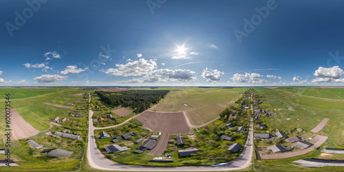 aerial full seamless spherical hdri 360 panorama view above green village with private development sector with country houses, long village along one road in equirectangular projection.