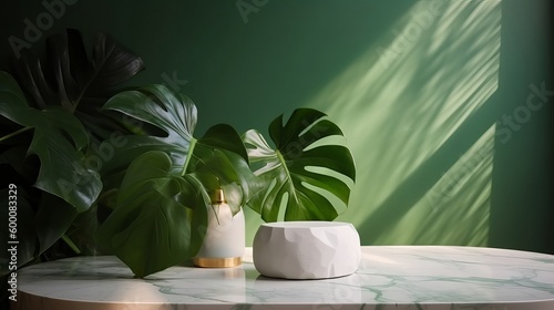 Unessential, advanced white marble stone counter table, tropical monstera plant tree in daylight on green divider foundation for extravagance advanced characteristic therapeutic. AI Generated
