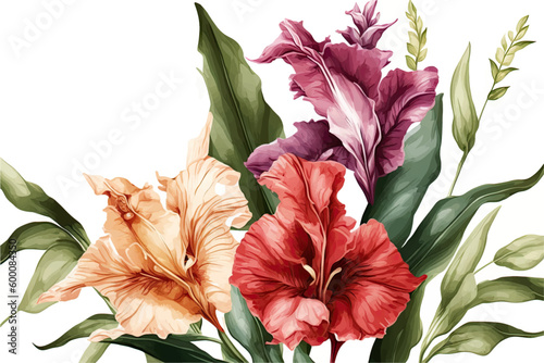 Summer watercolor flowers, banner with gladiolus