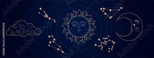 Magic astrology sky with Zodiac constellations, crescent moon, sun and stars.