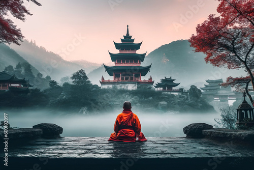 Ein meditierender Mönch vor einem chinesischen Tempel, im Hintergrund neblige Berge (Generative KI)