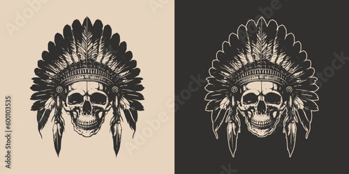 Set of vintage retro scary native american indian apache chief skull with feathers. Can be used like emblem, logo, badge, label. mark, poster or print. Monochrome Graphic Art. Vector.