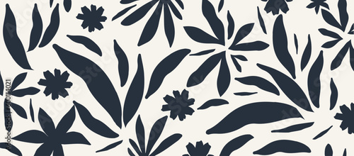 Monochromatic vector background with scattered abstract black leaves, flowers and other botanical elements. Random cutout dark tropical foliage collage, ornamental texture, cute decorative pattern