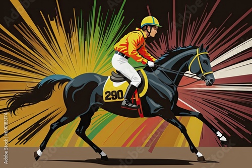 a painting of a jockey riding a horse, colorful dark, generative ai