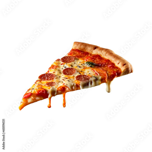 A hot pizza slice with dripping melted cheese. Isolated on white background. generative ai