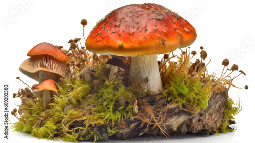 Vertical selective focus closeup of the mushrooms in their natural environment. Generative Ai