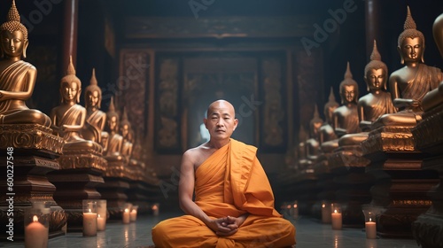 A monk meditating in the lotus position in front of golden Buddhas, Generative AI
