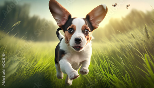 Dog running on the grass on a green background 