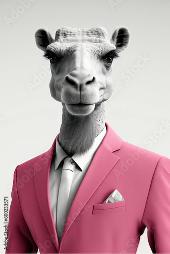 humanized black and white camel wearing a elegant pink suit white background, Generative AI