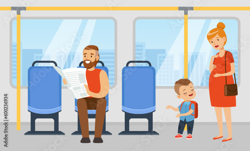 Polite little boy offering seat in transport to pregnant woman. Well mannered kid, good manners and respect cartoon vector