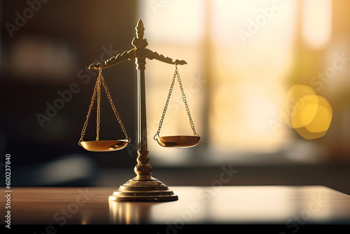Law scale justice symbol on the blurred background. Judge justice concept. Generative AI