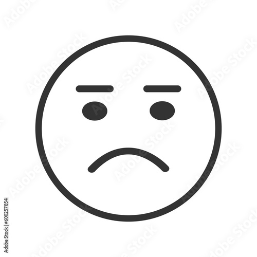 Emoji face with upset emotion, droopy mouth corners, dejected look, glumness mimicry. Unhappy, sad, depressed emotion. Emoticon icon isolated on white background. Vector graphic illustration