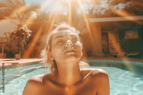 Beautiful girl tanning luxuriously by a bright sun-kissed pool. generative AI